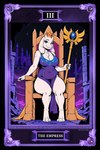 3_toes 4_fingers anthro breasts card castle chair cleavage clothed clothing crown crystal cute_fangs eyelashes feet female fingers fortune_telling front_view fur furniture gem holding_object holding_staff horn looking_at_viewer nails navel_outline pink_eyes purple_background purple_clothing ruins simple_background sitting sitting_on_throne slit_dress smile smiling_at_viewer solo staff tarot tarot_card text thick_thighs throne toes white_body white_fur trickypride toriel boss_monster bovid caprine goat mammal absurd_res full-length_portrait hi_res portrait watermark