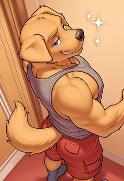 anthro blue_eyes bottomwear butt cargo_shorts clothed clothing confident dog_ears dog_nose dog_tail floppy_ears footwear fur high-angle_view inside looking_at_viewer male meesh muscular muscular_anthro muscular_male pecs shirt shorts smile smiling_at_viewer socks solo standing tail tank_top teeth topwear yellow_body yellow_fur thehowlingwolf94 travis_peake_(meesh) bird_dog canid canine canis domestic_dog golden_retriever hunting_dog mammal retriever hi_res
