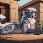 anthro breasts chest_tuft featureless_breasts female fluffy fur green_eyes grey_body grey_fur hair lying markings on_front outdoors semi-anthro serious_face side_view solo tribal tribal_markings tuft white_hair bugzie_mucksticky felid feline hybrid mammal absurd_res hi_res