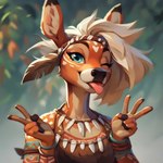 anthro clothing female fingers fur gesture hair jewelry looking_at_viewer markings solo tongue tongue_out tribal tribal_jewelry tribal_markings v_sign winking flying_fridge cervid mammal absurd_res hi_res