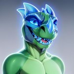 2023 anthro blue_eyes blue_horn blue_sclera colored dinosaur dragon green_body headshot_portrait horn jasonafex looking_at_viewer male portrait reptile scalie smile solo teeth tongue vergence