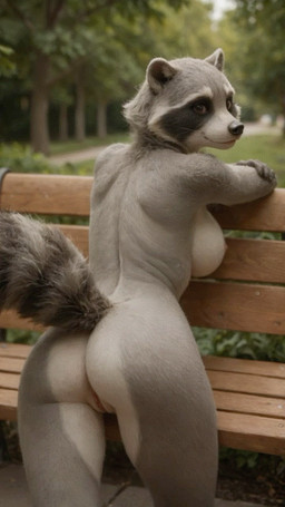 anthro butt butt_focus female genitals outside park park_bench pussy raised_tail solo ai_yiff mammal procyonid raccoon animated