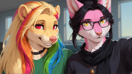 black_clothing black_hair black_topwear blonde_hair choker clothed clothing collar duo eyebrows eyelashes eyewear female fur glasses goth hair inside jewelry long_hair looking_at_viewer multicolored_body multicolored_fur multicolored_hair necklace orange_eyes pink_body pink_eyes pink_fur pink_hair pink_nose rainbow_hair red_eyes selfie shirt smile tan_body tan_fur teeth topwear tuft two_tone_hair white_body white_fur window yellow_body yellow_eyes yellow_fur unknown_director domestic_cat felid feline felis lutrine mammal mustelid hi_res