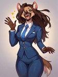 anthro bottomwear breasts brown_eyes brown_hair clothing female hair jacket necktie pants politics smile solo suit topwear kamala_harris hyaenid mammal hi_res