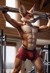 abs anthro athletic bottomwear bulge canid clothing fur genital_outline junothewoofer male mammal multicolored_body muscular nipples sheath_outline shorts solo two_tone_body vulpera warcraft world_of_warcraft