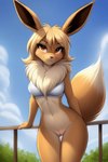 anthro bottomless breasts brown_body brown_eyes clothed clothing eevee female generation_1_pokemon genitals looking_at_viewer pokemon_(species) pokemorph pussy solo