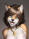 absurd_res anthro blue_eyes bodily_fluids breasts brown_hair canid canine cum cum_in_mouth cum_inside cum_on_body cum_on_breasts cum_on_face female fox genital_fluids gold_(metal) gold_jewelry hair hi_res jewelry mammal necklace nipples pink_nipples portrait solo stableyiffusion teeth tongue