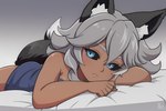 bed black_sclera blue_eyes curled_hair dipstick_tail female furniture grey_hair hair looking_at_viewer markings solo tail_markings chesapeake eri_(chesapeake) animal_humanoid canid canid_humanoid canine canine_humanoid fox_humanoid humanoid mammal mammal_humanoid hi_res