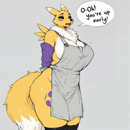 anthro apron apron_only armwear bare_shoulders big_breasts black_sclera black_thighhighs blue_eyes body_fur breasts cleavage clothed clothing colored_sclera countershade_torso countershading curvaceous curvy_figure detached_sleeves dialogue dipstick_ears dipstick_tail ear_markings facial_markings fangs female fur grey_background hands_behind_back handwear head_markings leg_markings legwear looking_at_viewer markings mostly_nude multicolored_body multicolored_ears multicolored_fur neck_tuft open_mouth pockets side_boob simple_background skindentation slightly_chubby snout solo speech_bubble standing tail tail_markings teeth text thick_thighs thigh_highs thigh_markings tongue tuft two_tone_body two_tone_fur voluptuous white_body white_fur wide_hips yellow_body yellow_fur the_wanderer_jax digimon canid canine digimon_(species) mammal renamon 1:1 2025 chroma_(model) english_text hi_res portrait three-quarter_portrait
