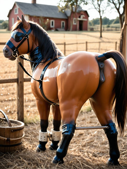 anatomically_correct anatomically_correct_genitalia anatomically_correct_pussy anus blindfold clothing covered_eyes cuff_(restraint) female feral genitals latex latex_clothing pussy restraints rubber_clothing rubber_suit solo solo_focus translucent translucent_clothing goldendog equid equine mammal hi_res