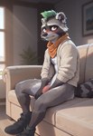 anthro balls blush boots bottomless clothed clothing day ear_piercing ear_ring embarrassed facial_piercing flaccid footwear fur furniture genitals green_hair grey_body grey_fur hair humanoid_genitalia humanoid_penis jacket light looking_at_viewer male mohawk neckerchief nose_piercing nose_ring on_sofa penis piercing ring_piercing side_view sitting socks sofa solo sunlight sunny tan_clothing topwear lucanon rufus_(fortnite) mammal procyonid raccoon hi_res