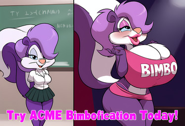 anthro before_and_after big_breasts bimbofication black_eyes blue_eyes blush bottomwear breast_expansion breasts butt classroom cleavage clothed clothing colored_nails curvy_figure expansion eyelashes eyeshadow female fingers fully_clothed fur green_clothing hair hair_over_eye huge_breasts intelligence_loss lips lipstick looking_at_viewer makeup microskirt miniskirt nails narrowed_eyes one_eye_obstructed open_mouth pink_clothing pink_eyeshadow pink_lipstick pink_nose pink_underwear purple_body purple_fur purple_hair school shirt skirt smile solo straps tail text text_on_clothing text_on_topwear thick_thighs thong topwear transformation underwear uniform white_body white_breasts white_clothing wide_hips gridanon warner_brothers fifi_la_fume mammal mephitid skunk absurd_res english_text hi_res novelai sequence