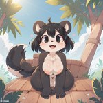 all_fours anthro black_and_white_fur black_body black_fur black_hair breasts female fur giant_panda hair kneeling looking_at_viewer mammal medium_breasts nipples open_mouth sklimaa smile solo tree_house ursid ursine white_body white_fur