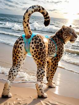 anatomically_correct anus beach bikini butt clothing female feral glistening glistening_body looking_at_another looking_back presenting presenting_hindquarters seaside solo solo_focus sunset swimwear tail_up translucent translucent_clothing water goldendog felid feline jaguar mammal pantherine hi_res