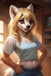 anthro black_body black_fur blonde_hair blue_clothing bottomwear breasts brown_eyes clothing denim denim_clothing female fur hair hand_in_pocket jeans light looking_at_viewer midriff navel pants pockets shirt small_breasts solo sunlight t-shirt topwear white_body white_fur window mindry kibo badger canid canine fox hybrid mammal mustelid musteline