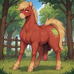 animal_genitalia animal_penis cloud cutie_mark dripping equine_genitalia equine_penis fence feral genitals grass male outdoors penis plant sky solo sweaty tree nameynamename my_little_pony big_macintosh_(mlp) equid equine horse mammal