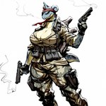 anthro bandanna belt big_breasts breasts choker cleavage clothed clothing eye_patch eyewear female gun holding_object holding_weapon holster jewelry kerchief legband metal_gear military_uniform necklace open_clothing open_topwear pose ranged_weapon smoke solo standing thighband topwear uniform weapon anonymous_director generation_1_pokemon lapras pokemon_(species) hi_res novelai