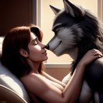 absurd_res anthro bed canineluvr19 cuddling duo female fur furniture grey_body grey_fur hair hand_on_shoulder hi_res human human_on_anthro interspecies looking_at_another looking_at_partner looking_pleasured male male/female mammal noses_touching orange_hair romantic romantic_couple