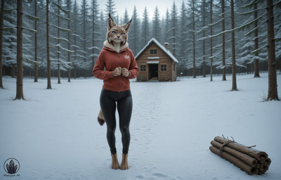 anthro cabin clothed clothing digitigrade female forest fully_clothed looking_at_viewer photorealism plant purple_eyes realistic realistic_fur realistic_lighting snow solo standing tree winter morysso felid feline lynx mammal absurd_res hi_res