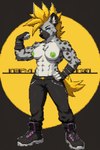 abs anthro blonde_hair blue_eyes bottomwear clothing female flexing_biceps footwear fur gloves green_nipples grey_body grey_fur hair handwear markings muscular muscular_female nipples pants shoes solo spots spotted_markings super_saiyan icefoxai trrith_(character) hyaenid mammal hi_res