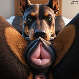 animal_genitalia animal_pussy anus bed black_body black_fur brown_body brown_fur canine_genitalia canine_pussy close-up female feral first_person_view fur furniture genitals green_eyes looking_at_viewer lying multicolored_body multicolored_fur nude on_back on_bed presenting presenting_pussy pussy solo spread_legs spreading furontap canid canine canis dobermann domestic_dog mammal pinscher 1:1 2025 colored