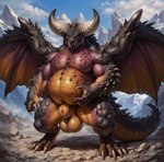 2024 animal_genitalia anthro balls belly claws dragon elder_dragon fully_sheathed genitals horn looking_at_viewer male membrane_(anatomy) membranous_wings monster_hunter multicolored_body musclegut nergigante overweight overweight_anthro overweight_male saphirix scales sheath slightly_chubby solo spikes spread_wings standing teeth wings