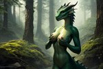 anthro attempted_signature blizzard_entertainment breasts dracthyr dragon female forest green_body green_scales hand_on_breast kauket malefiza_blackmoore nipples non-mammal_breasts non-mammal_nipples outside plant scales scalie shy solo tree warcraft western_dragon world_of_warcraft yellow_eyes