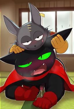 4_toes 5_fingers all_fours anal anal_penetration anthro anthro_on_anthro anthro_penetrated anthro_penetrating barefoot black_body black_eyes black_fur blushing_profusely bodily_fluids breath butt cheek_tuft chest_tuft closed_smile clothed clothed/nude clothing cum cum_on_body cum_on_butt dojo dominant duo ear_pull ear_tag erection eyebrows facial_tuft feet fingers from_behind_position front_view fur genital_fluids genitals gloves green_sclera grey_body grey_fur grin hand_on_head handwear head_tuft humanoid_genitalia humanoid_hands humanoid_penis impact_lines inside interspecies larger_penetrated leg_armor licking licking_lips looking_pleasured lying male male/male male_penetrated male_penetrating male_penetrating_male monotone_body monotone_fur motion_lines multicolored_body multicolored_fur nude on_front open_mouth partially_clothed penetration penis precum pupils red_cape red_clothing red_gloves red_handwear scar sex size_difference slit_pupils small_dom_big_sub smile submissive surgical_suture sweat sweaty_face tail toes tongue tongue_out tuft two_tone_body two_tone_fur wavy_mouth whiskers yellow_clothing yellow_gloves yellow_handwear ratarang_(director) mad_rat_(mad_rat_dead) sheriff_mao_mao_mao domestic_cat felid feline felis mammal murid murine rat rodent hi_res novelai