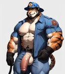 anthro balls beard belt circumcised clothed clothing facial_hair felid firefighter genitals gloves handwear holding_object humanoid_genitalia humanoid_penis male mammal muscular muscular_anthro muscular_male nipples pantherine partially_clothed penis red_eyes simple_background simplyai smile solo tiger vein veiny_arm veiny_penis