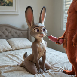 anthro bodily_fluids breasts cum cum_on_face cute_pose disney duo female genital_fluids knot male male/female nipples realistic small_breasts smile 123kubik zootopia judy_hopps nick_wilde canid canine fox lagomorph leporid mammal rabbit