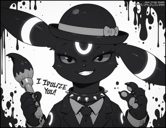 4_fingers black_claws bowler_hat brush claws clothed clothed_feral clothing collar eyelashes female feral fingers half-closed_eyes hat headgear headwear holding_brush holding_object ink ink_brush long_eyelashes looking_at_viewer narrowed_eyes necktie solo spiked_collar spikes the_yiff_republic nintendo pokemon selena_(the_yiff_republic) eeveelution generation_2_pokemon pokemon_(species) umbreon bow_(disambiguation) absurd_res hi_res monochrome portrait