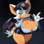 anthro bat_wings big_breasts blue_clothing blue_shirt blue_topwear bottomwear bra breasts cleavage clothed clothing dark_background female fur gradient_background half-closed_eyes lace_bra lips looking_at_viewer membrane_(anatomy) membranous_wings miniskirt narrowed_eyes panties pink_bra pink_clothing pink_panties pink_underwear police_hat police_uniform shirt short_sleeves short_stack simple_background skirt smile solo tan_body tan_fur teal_eyes topwear underwear uniform white_body white_fur wings goonsmith sonic_the_hedgehog_(series) rouge_the_bat bat mammal portrait three-quarter_portrait