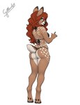 anthro bikini butt clothing eyeshadow female fur hair hooves lips lipstick looking_at_viewer makeup nails red_hair scut_tail short_tail smile solo spots spotted_body spotted_fur swimwear teal_eyes gilkardex vivian_(gilkardex) cervid mammal hi_res