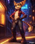 abs anthro athletic bare_chest bulge city clothed clothing green_eyes hi_res lombax looking_away male mammal muscular night open_mouth outside ratchet smile solo street styx343