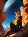 anthro blue_eyes bottomwear breasts clothed clothing detailed_background female footwear fur hood jacket mountains orange_body orange_fur pants planet rock science_fiction shoes sitting solo space topwear tuft yiffymix_(model) snowshoes canid canine canis domestic_dog mammal shiba_inu spitz hi_res