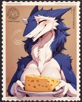 anthro blue_body blue_fur blue_hair blush breasts cheese dairy_products ear_tuft eyes_closed female food fur hair holding_object multicolored_body multicolored_fur postage_stamp simple_background smile solo teeth tuft two_tone_body two_tone_fur white_body white_fur aphid butterwolf sergal hi_res portrait