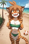 anthro ball beach beach_ball blush bodily_fluids breasts camel_toe cleavage clothed clothing erect_nipples felid female flora_(twokinds) hi_res inflatable keidran looking_at_viewer mammal nipples pantherine seaside solo sweat swimwear tiger twokinds unknown_director