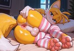 anthro anus balls bed bedroom blue_eyes blush butt butt_focus claws clothed clothing crossdressing dipstick_tail feet foot_focus fur furniture genitals girly hand_on_butt legwear looking_at_viewer male markings mostly_nude narrowed_eyes pawpads paws photo pillow smile smiling_at_viewer solo tail_markings white_body white_fur window yellow_body yellow_fur anonymous_director sonic_the_hedgehog_(series) miles_prower canid canine fox mammal hi_res