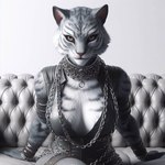 anthro bing_image_creator black_stripes breasts chain chain_bracelet chain_necklace cleavage clothed clothing collar female fur furniture grey_body grey_fur jewelry leather leather_clothing looking_at_viewer necklace sofa solo stripes white_body white_fur kunako felid feline hybrid mammal