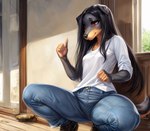 anthro bottomwear canid canine canis clothing crouching denim denim_clothing domestic_dog female gesture hair hi_res inside jeans mammal pants smile solo thumbs_up traialas