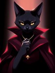 anthro black_nose cloak clothing eyebrows eyelashes female goth jewelry nails necklace red_clothing simple_background solo whiskers yellow_eyes sappy_(director) felid feline mammal dark_theme hi_res shaded