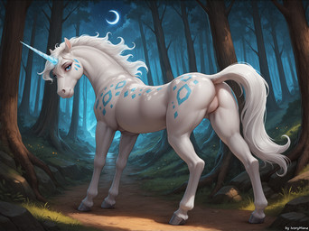 blue_eyes butt female feral forest fur gem hair horn long_hair looking_at_viewer looking_back markings moon mythology night outside plant presenting presenting_hindquarters rear_view slim solo tree white_body white_fur white_hair ivorymane equid equine horse mammal unicorn watermark