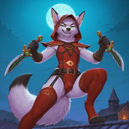 anthro armor belt belt_buckle bulge clothed clothing crossdressing dagger dipstick_tail fighting_pose fur gloves green_eyes handwear holding_object holding_weapon hood legwear leotard male markings melee_weapon night outside paws pose rogue shoulder_pads solo solo_focus tail_markings thigh_highs weapon white_body white_fur plapenjoyer canid canine fox mammal hi_res