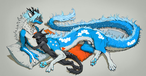 3_toes 4_fingers 4_toes animal_genitalia anthro balls beak belly black_body black_fur black_horn blue_body blue_eyes blue_hair breasts claws digitigrade duo embrace eyebrows eyes_closed fangs feet female fingers fluffy fur fur_markings genitals grey_claws grey_eyebrows hair heart_symbol horn hug long_tail looking_at_viewer lying male male/female markings multicolored_body multicolored_fur neck_tuft nude on_side pawpads pillow sheath simple_background size_difference slim small_breasts smile sparkles spots spotted_body spotted_fur tail_tuft teeth toes tuft white_belly oldhroft shadow_(oldhroft) stratos_(labradoor) nardoragon taur velari absurd_res hi_res
