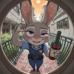 alcohol anthro beverage blush bodily_fluids clothed clothing disney drunk female first_person_view fur looking_at_viewer police_uniform smile solo substance_intoxication uniform wine girka zootopia judy_hopps lagomorph leporid mammal rabbit hi_res