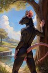 anthro black_body black_fur butt cloud fur grass leaning looking_at_viewer male outdoors plant raised_tail rear_view red_eyes river solo tree warhammer_fantasy water director_rattlepaw rattlepaw mammal murid murine rat rodent skaven absurd_res hi_res