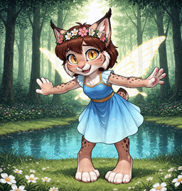anthro big_feet brown_hair cheek_tuft clothing cute_fangs dress ear_tuft eyelashes facial_tuft fake_wings feet female flower forest forest_background fur golden_eyes grass hair handpaw insect_wings long_eyelashes looking_at_viewer lynx_tail nature nature_background pawpads paws pink_pawpads plant pond pupils short_hair short_tail slit_pupils solo sparkles spots spotted_body spotted_fur spread_arms standing sundress tan_body tree tuft two-tone_body whiskers wings young young_female nightdancer zaire felid feline lynx mammal full-length_portrait hi_res portrait