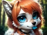 anthro auburn_hair backlighting big_eyes black_nose blue_eyes blurred_background collar day ears_up eyebrows female fur fur_markings glistening glistening_eyes inner_ear_fluff light markings multicolored_body multicolored_fur outside smile solo sunlight tan_body tan_fur tuft white_body white_fur blp canid mammal lighting portrait sketch three-quarter_portrait