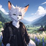 anthro canid canine clothing detailed_background fennec fox fur green_eyes lucifluffy male mammal solo techwear white_body white_fur wilek