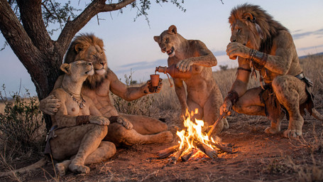 alcohol anthro beverage bottomwear breasts campfire clothed clothing drinking female fire grass group loincloth male male/female nipples nude outside photorealism plant tasteful_nudity topless tree tribal tribalcat felid lion mammal pantherine hi_res